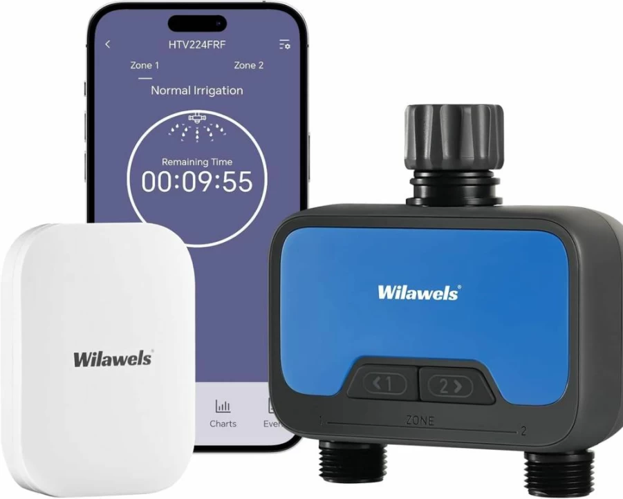 WILAWELS Smart WiFi Sprinkler Timer 2 Zone, 984Ft RF Range, App & Voice Control, Automatic Watering System for Lawn & Garden, Rain Delay, Mist Mode, Quantity-Based Irrigation