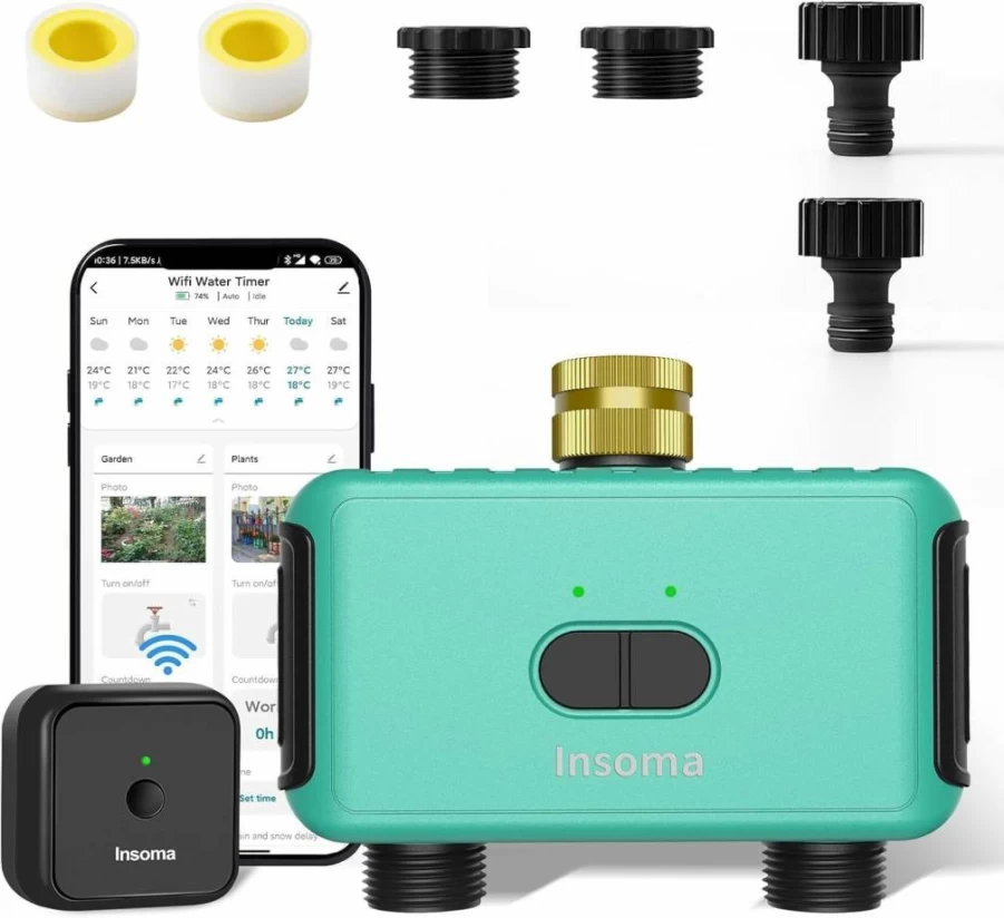 Insoma 2-Outlet Smart Irrigation Timer with Green-Brass Inlet & Plastic Outlets for Lawn Watering System