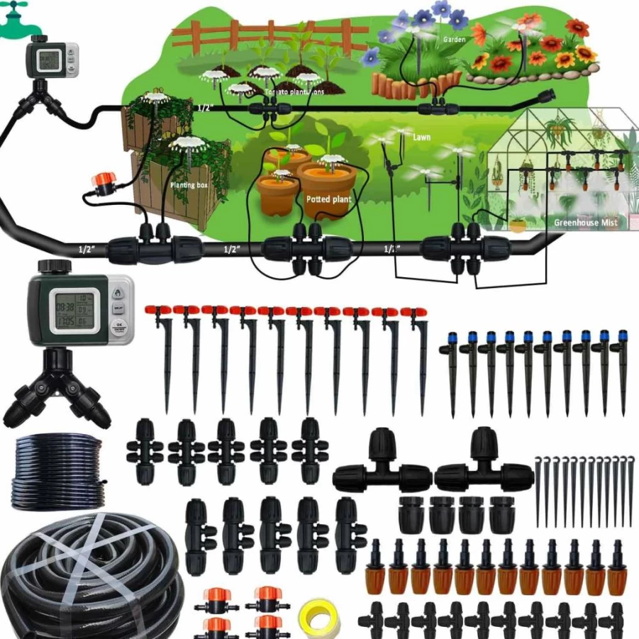 FesmTek 160Ft Drip Irrigation Kit with Programmable Water Timer, 1/2Inch 30Ft Main Hose & 1/4In 130Ft Tubing, Even Waterflow Drippers for DIY Garden Watering System