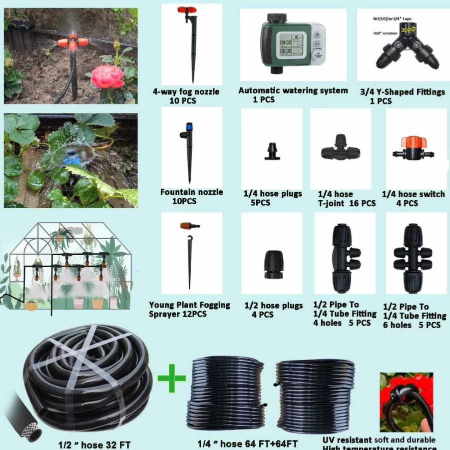 FesmTek 160Ft Drip Irrigation Kit with Programmable Water Timer, 1/2Inch 30Ft Main Hose & 1/4In 130Ft Tubing, Even Waterflow Drippers for DIY Garden Watering System