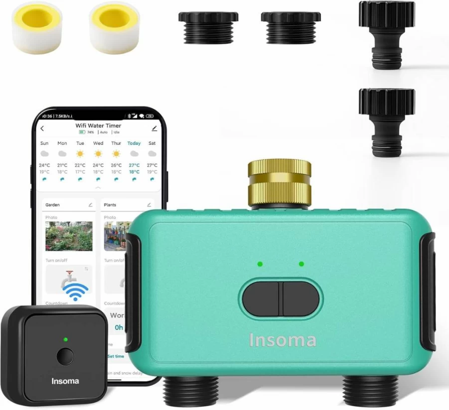 Insoma Smart WiFi Hose Timer - 2-Zone Garden Water Timer with App & Voice Control, 20 Custom Watering Plans, Sprinkler & Drip Irrigation Controller for Lawn & Yard