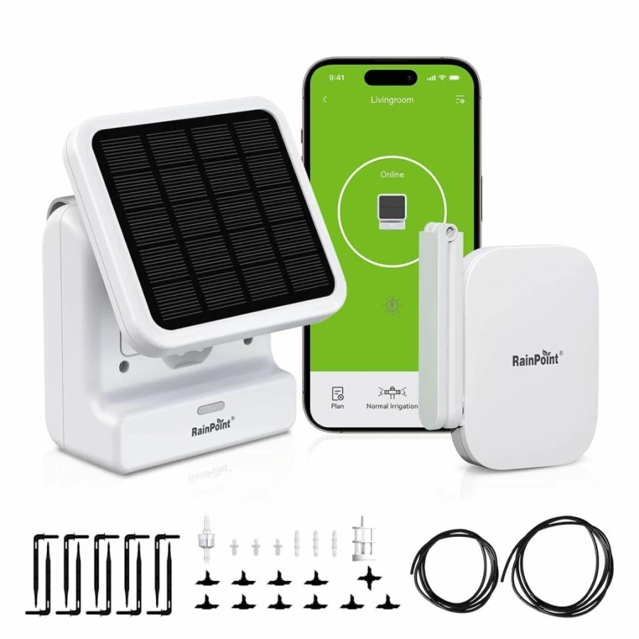 RAINPOINT Smart WiFi Solar Automatic Drip Irrigation Kit for Indoor/Outdoor Potted Plants, Self-Watering System with Expert Dripline Layouts, Supports Up to 20 Plants, Ideal for Vacation Use