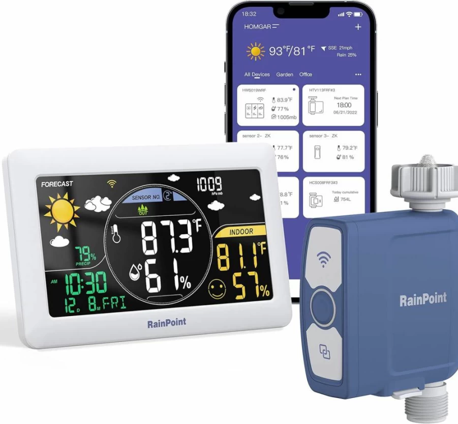 RAINPOINT Smart WiFi Hose Timer with Weather-Based Irrigation, Soil Moisture Sensor, and Water Usage Tracking for Automated Garden Sprinkler Systems