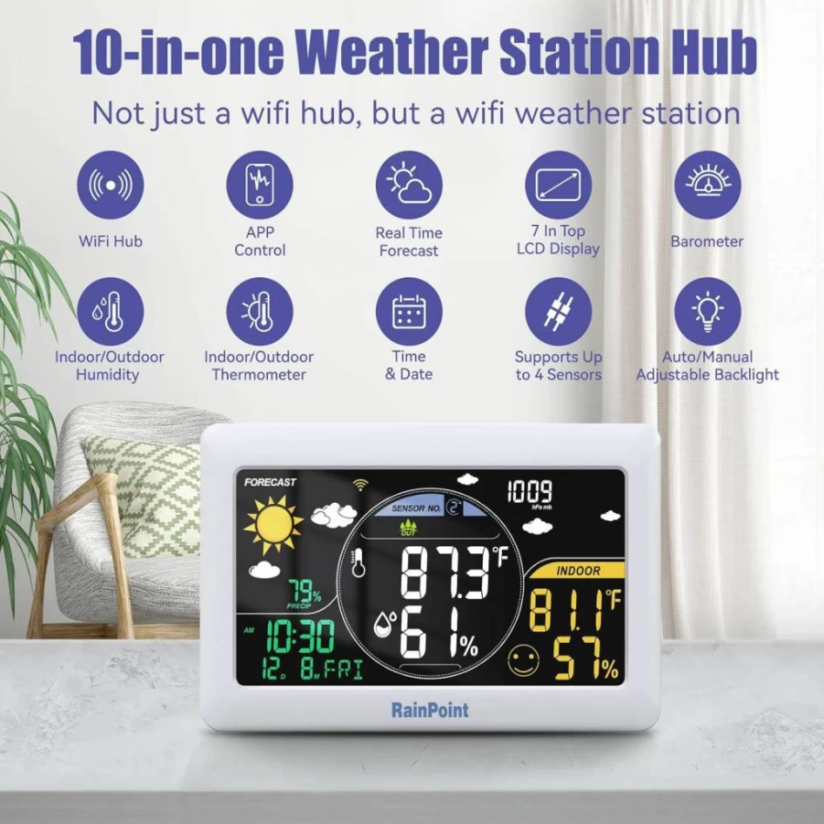 RAINPOINT Smart WiFi Hose Timer with Weather-Based Irrigation, Soil Moisture Sensor, and Water Usage Tracking for Automated Garden Sprinkler Systems
