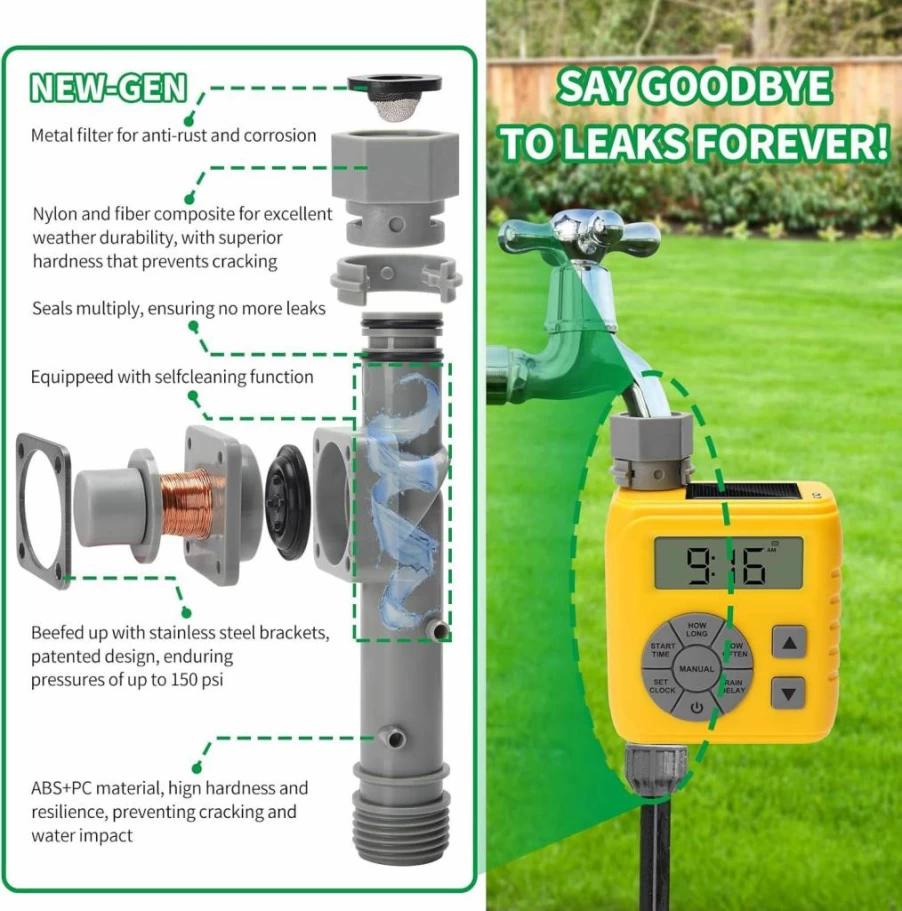 Zuomeng Dual Power Garden Hose Timer with Rain Delay, Leak-Proof Smart Irrigation System for Lawn - Auto & Manual Modes, Yellow