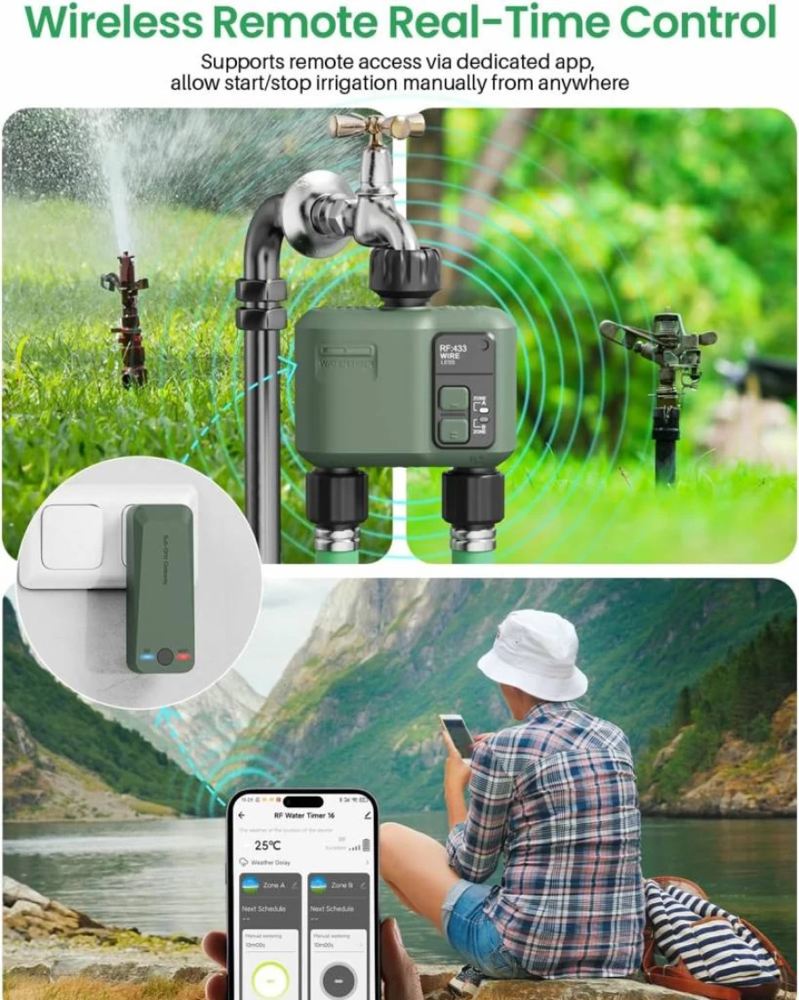 Shrivee Smart WiFi Water Timer for Garden Hose - 2 Zone Sprinkler System with App/Voice Control, 984ft RF Range, Rain Delay, Auto/Manual Irrigation