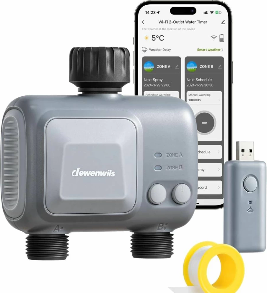 DEWENWILS Smart WiFi Sprinkler Timer 2-Zone, Outdoor Irrigation System with App Control, Rain Delay, Manual Watering for Garden, Lawn, Yard, Plants