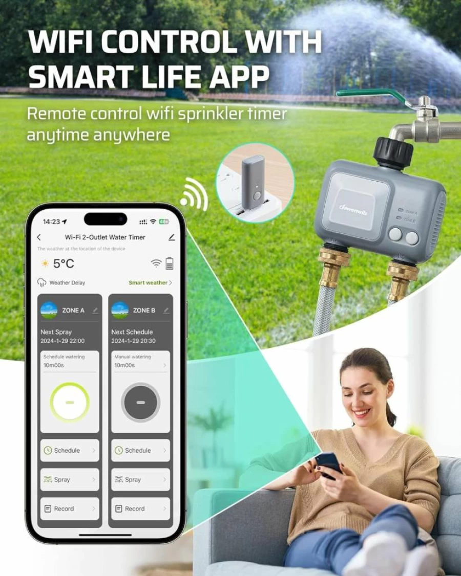 DEWENWILS Smart WiFi Sprinkler Timer 2-Zone, Outdoor Irrigation System with App Control, Rain Delay, Manual Watering for Garden, Lawn, Yard, Plants