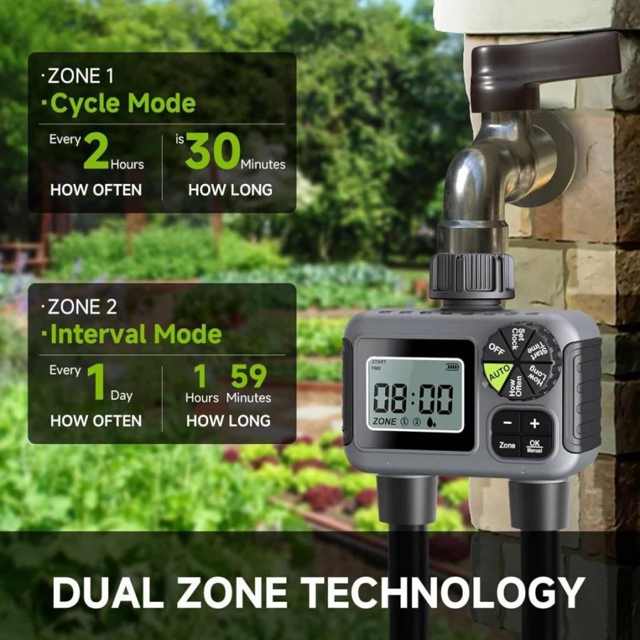 Dsoon 2-Zone Smart Garden Hose Timer with Rain Delay, Dual-Program Irrigation System, Waterproof Upgrade, Manual/Automatic Modes for Efficient Lawn & Plant Watering