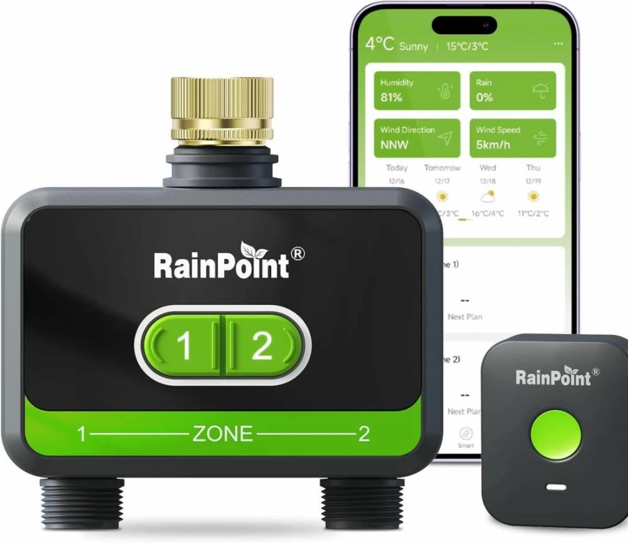 RAINPOINT Smart WiFi Hose Timer with Brass Connector, 2-Zone Automatic Sprinkler System for Lawn, Garden, and Yard Irrigation, Compatible with Alexa