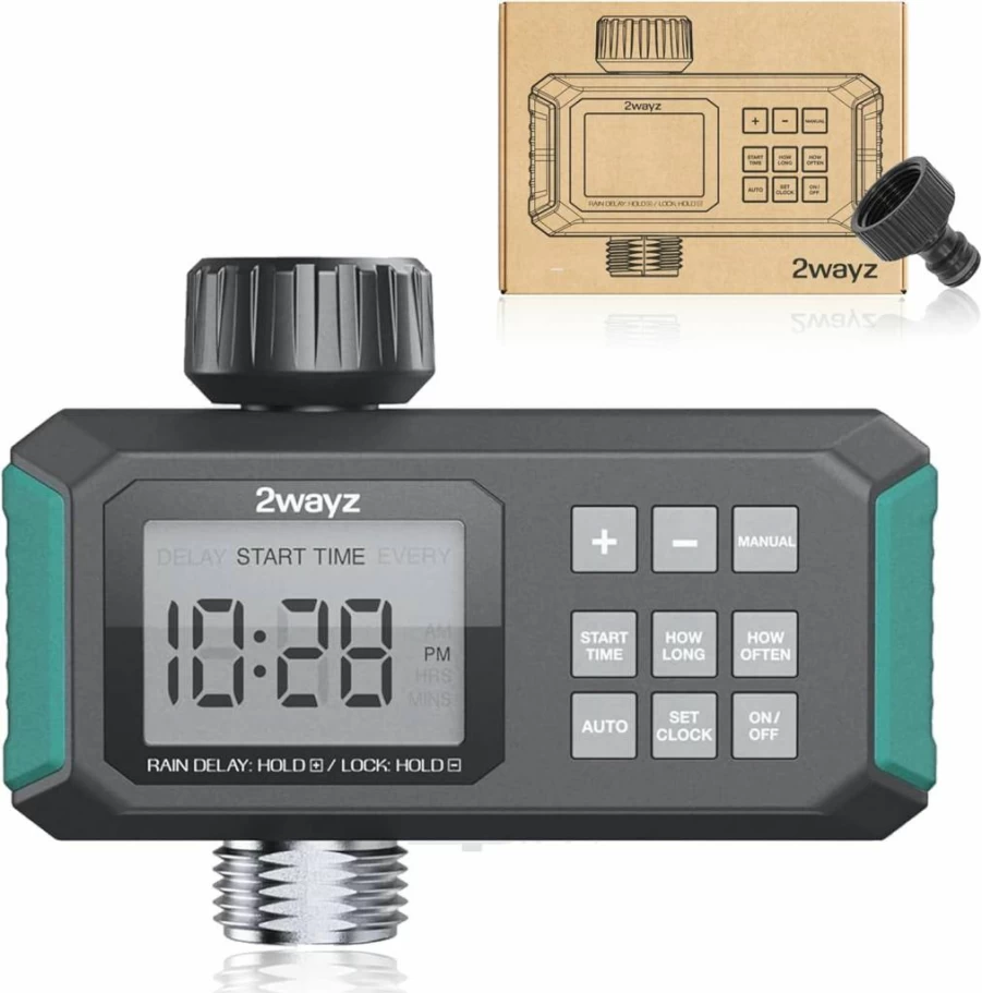 2WAYZ Automatic Garden Hose Timer with 2-Way Dual Outlet, Heavy Duty 3/4-Inch Swivel Connections, Rain Delay Function, Green Outdoor Water Sprinkler Timer