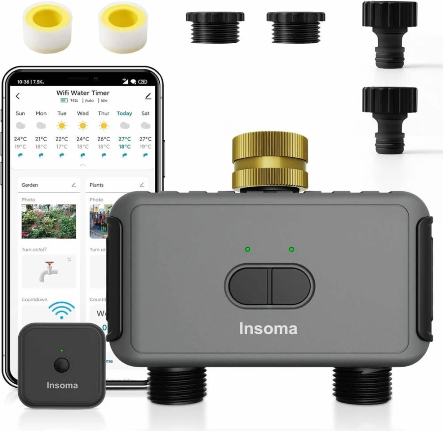 Insoma Smart Hose Timer 2-Outlet, Alexa-Compatible Automatic Watering System for Lawn Garden, Durable Dark Gray-Brass Irrigation Controller