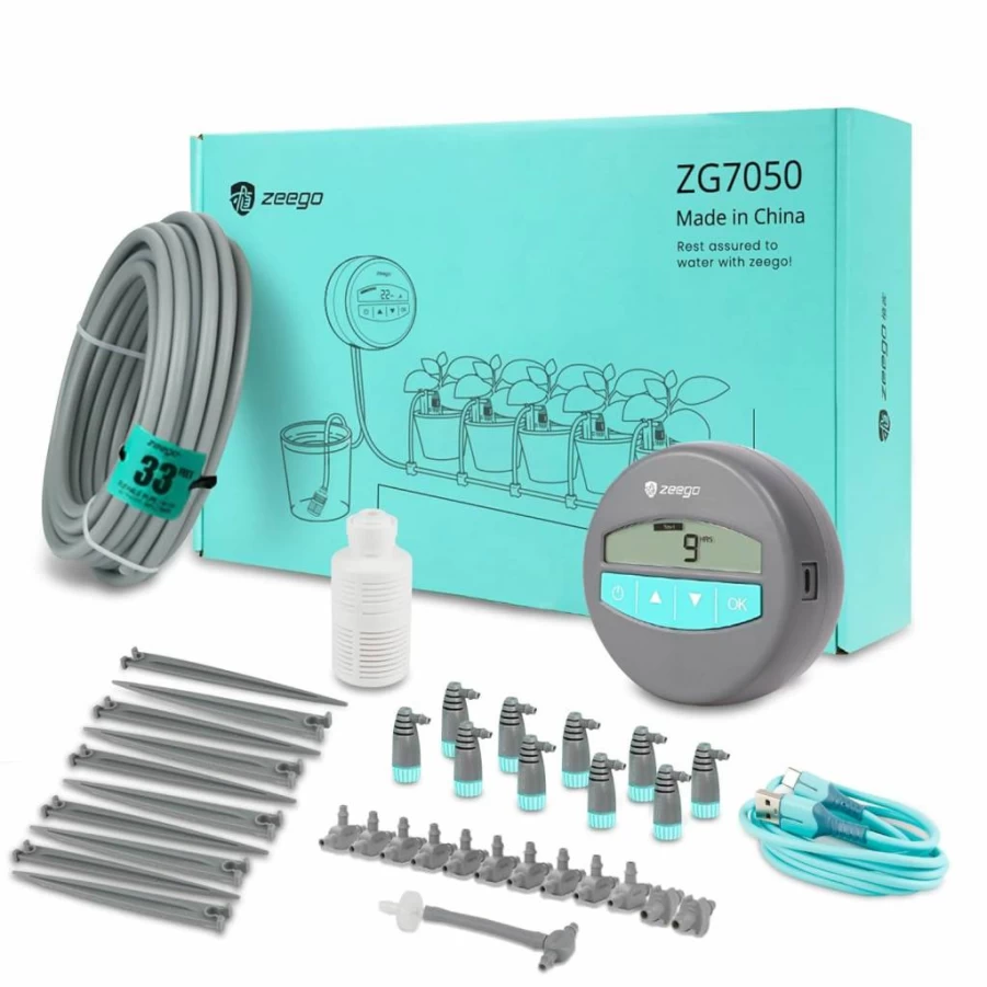 ZEEGO Automatic Drip Irrigation Kit with Digital Water Timer - Smart DIY Programmable System for 10 Potted Plants Indoor/Outdoor, Custom Watering Schedules & Modes