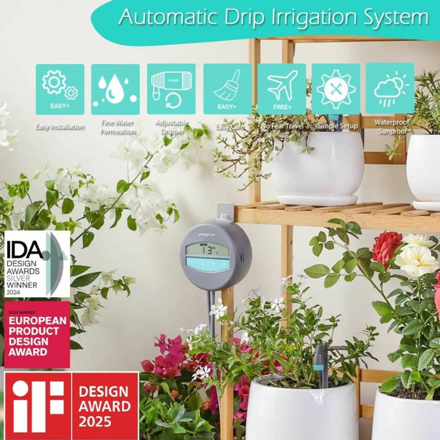 ZEEGO Automatic Drip Irrigation Kit with Digital Water Timer - Smart DIY Programmable System for 10 Potted Plants Indoor/Outdoor, Custom Watering Schedules & Modes