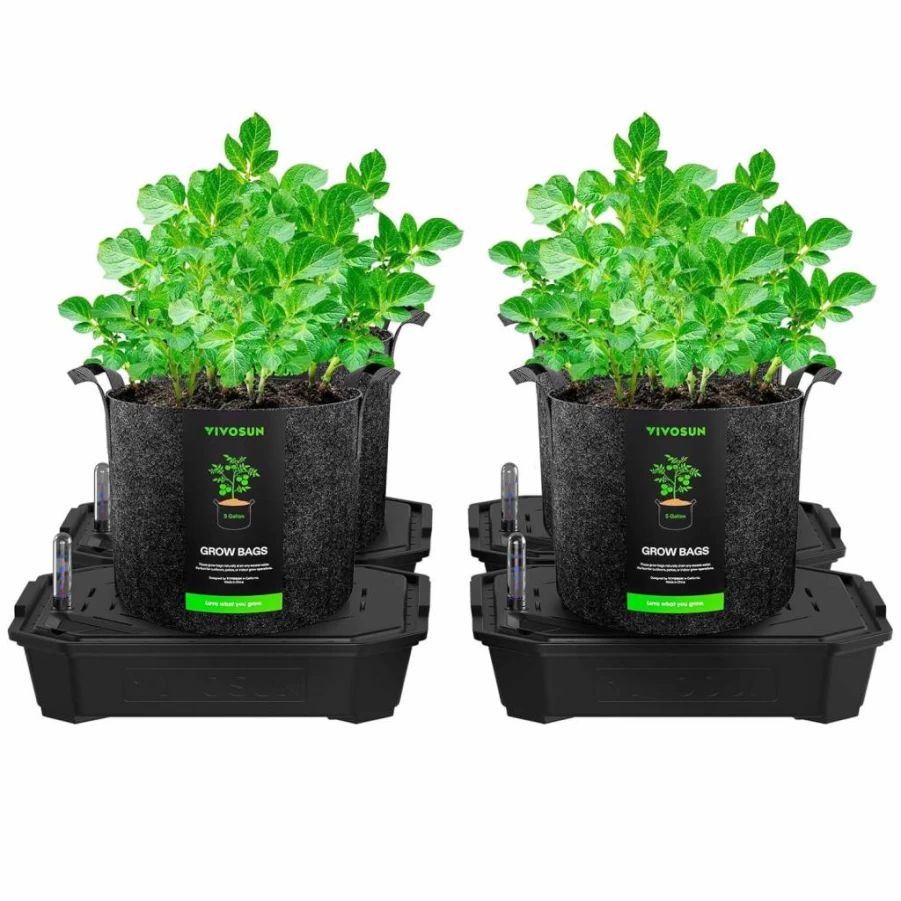 VIVOSUN 4-Pack Self-Watering Fabric Pots with Auto Irrigation, Water Meter & Maintenance Window for Indoor/Outdoor Grow Tents, Greenhouses, Gardens