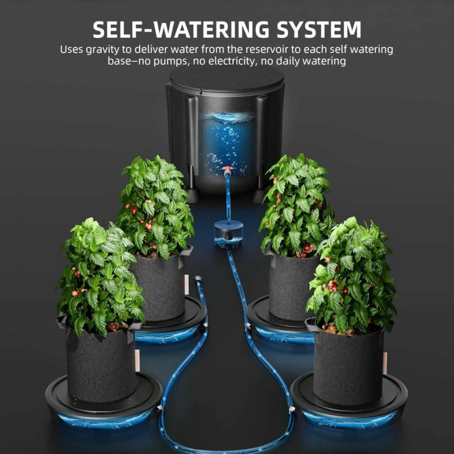 Spider Farmer 2025 Gravity-Fed Self-Watering Plant System - 4-Pack Auto Watering Kit with 13 Gallon Reservoir for Indoor Plants & Grow Tents, No Power Required
