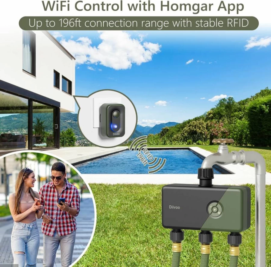 Diivoo Smart WiFi Sprinkler Timer 3-Zone, Alexa & Google Home Compatible, Remote Control Garden Hose Timer, Automatic Irrigation System with Rain Delay for Lawns & Yards (2.4GHz Only)