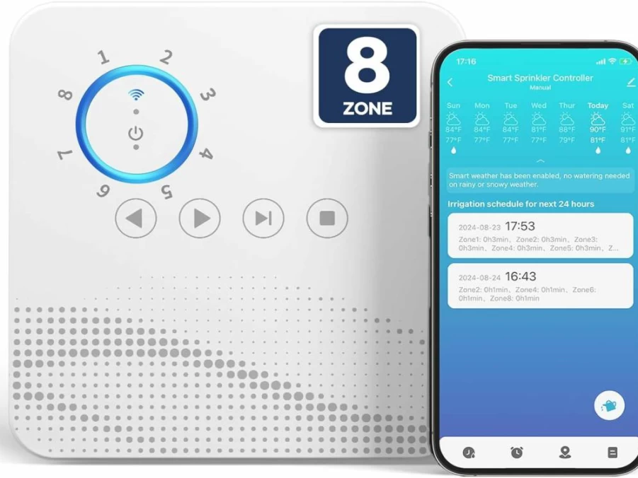 Tolviviov 8-Zone Smart WiFi Sprinkler Controller with Weather Intelligence, Auto-Scheduling, Rain & Freeze Skip, App Control for Indoor Irrigation