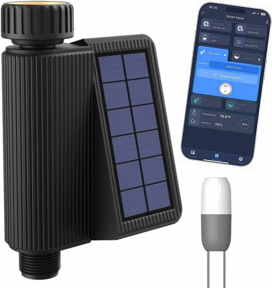 QFHUNCH Smart WiFi Sprinkler Timer with Soil Sensor & Flow Meter - Remote Control Automatic Garden Irrigation System, Solar-Powered Water Timer for Hose