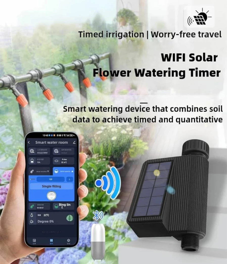QFHUNCH Smart WiFi Sprinkler Timer with Soil Sensor & Flow Meter - Remote Control Automatic Garden Irrigation System, Solar-Powered Water Timer for Hose
