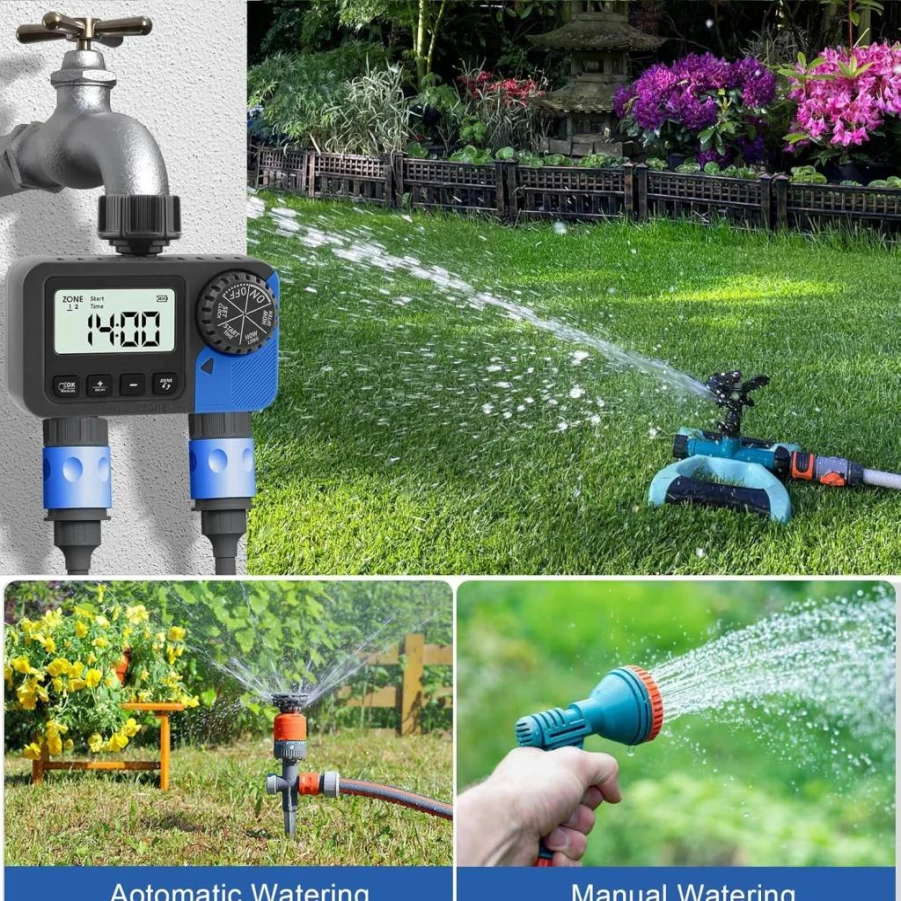 DGtenk Smart Programmable Garden Hose Timer - 2 Outlet Automatic Watering System for Lawn & Yard Irrigation, Sprinkler Timer with Easy Setup