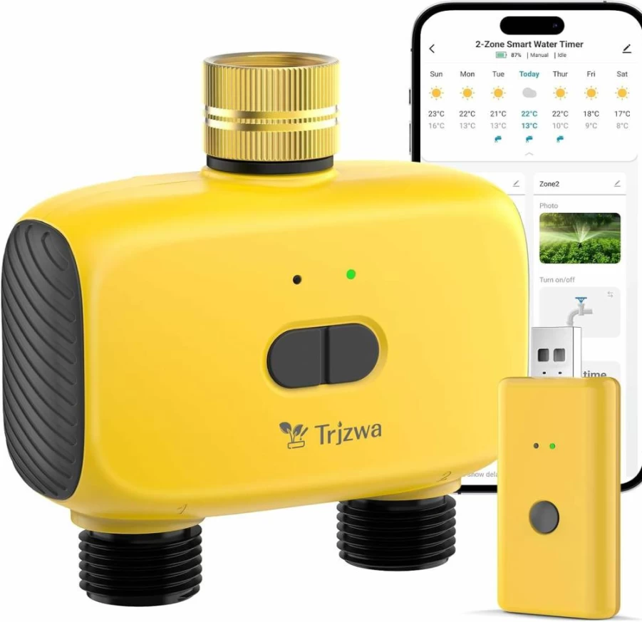 TRJZWA 2-Zone WiFi Sprinkler Timer with Brass Inlet, Smart Hose Water Timer for Garden, Lawn, and Yard, Automatic Irrigation System with Rain Delay
