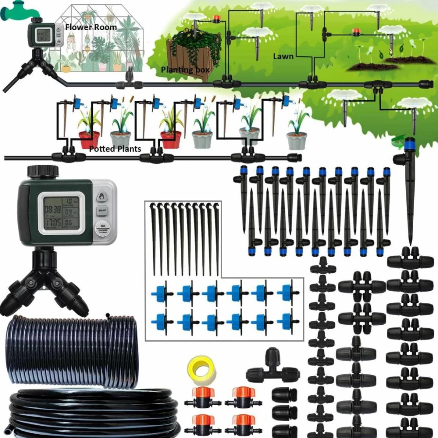 Winbomgo 162Ft Drip Irrigation Kit with Water Timer, 5/16" Main Hose & 1/4" Tubing, Adjustable Spray Auto Watering System for Garden, Greenhouse, Lawn, Potted Plants