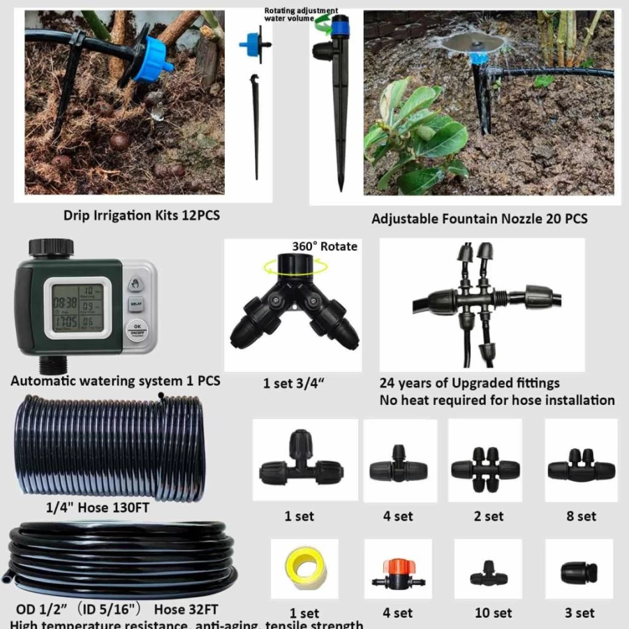 Winbomgo 162Ft Drip Irrigation Kit with Water Timer, 5/16" Main Hose & 1/4" Tubing, Adjustable Spray Auto Watering System for Garden, Greenhouse, Lawn, Potted Plants