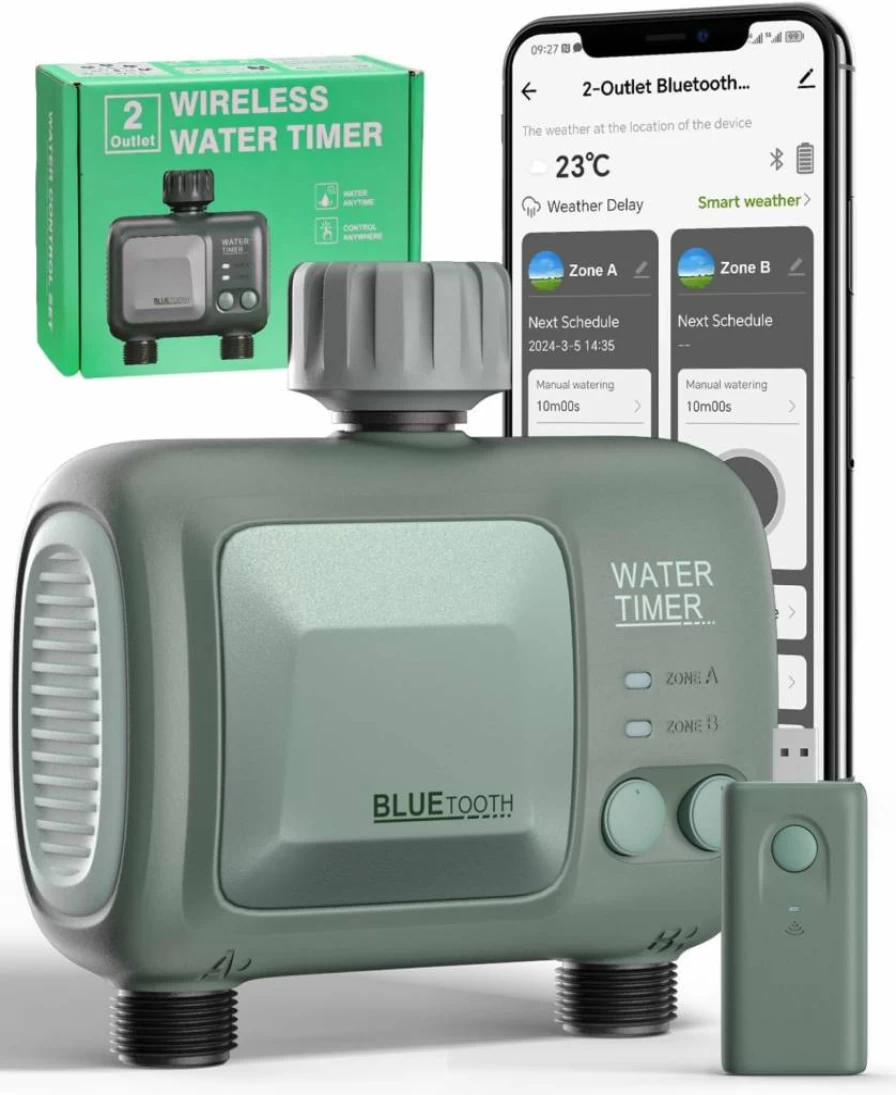 Zefinot Smart WiFi Hose Timer - 2-Zone Garden Sprinkler System with Alexa/Google Home Compatibility, 2 Custom Watering Modes, Automatic Irrigation Controller for Lawn & Plants
