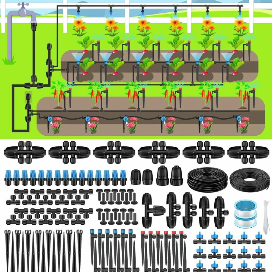 Pawfly 250 Ft Drip Irrigation Kit with Quick-Connect 1/2" & 1/4" Tubing - Garden Watering System for Greenhouse, Yard, Lawn, Raised Beds & Outdoor Plants