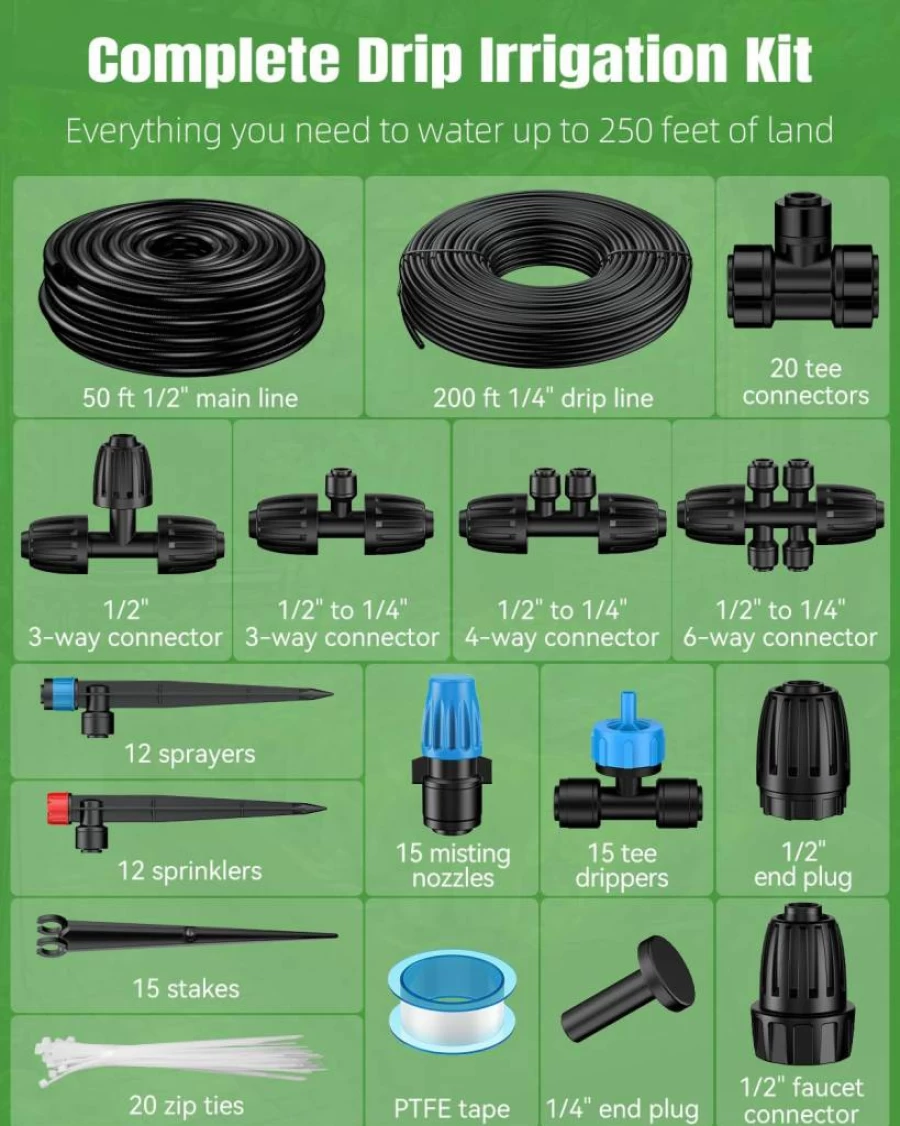 Pawfly 250 Ft Drip Irrigation Kit with Quick-Connect 1/2" & 1/4" Tubing - Garden Watering System for Greenhouse, Yard, Lawn, Raised Beds & Outdoor Plants