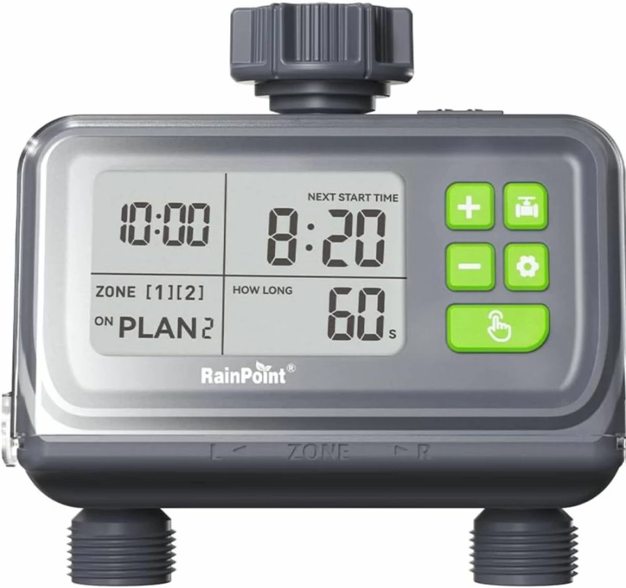 RAINPOINT Smart Hose Timer for Garden Irrigation - 2 Zone Sprinkler System with 3 Preset Programs, Rain Delay Sensor, and WiFi Connectivity for Lawn Watering Automation