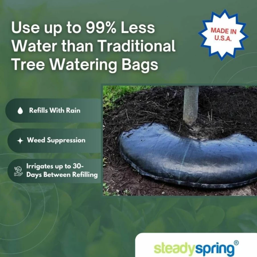 SteadySpring Smart Tree Watering Mat - 30+ Day Auto-Refill with Rain Sensor, Universal Fit for 16-23 Inch Root Balls, 3-in-1 Weed Barrier & Frost Protection Blanket for Healthy Trees