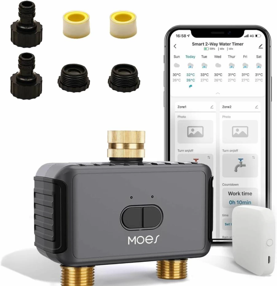 MOES Smart WiFi Sprinkler Timer 2-Zone, Brass Hose Faucet Water Timer, Programmable Garden Irrigation System, Alexa-Compatible Lawn Watering Controller for Yard