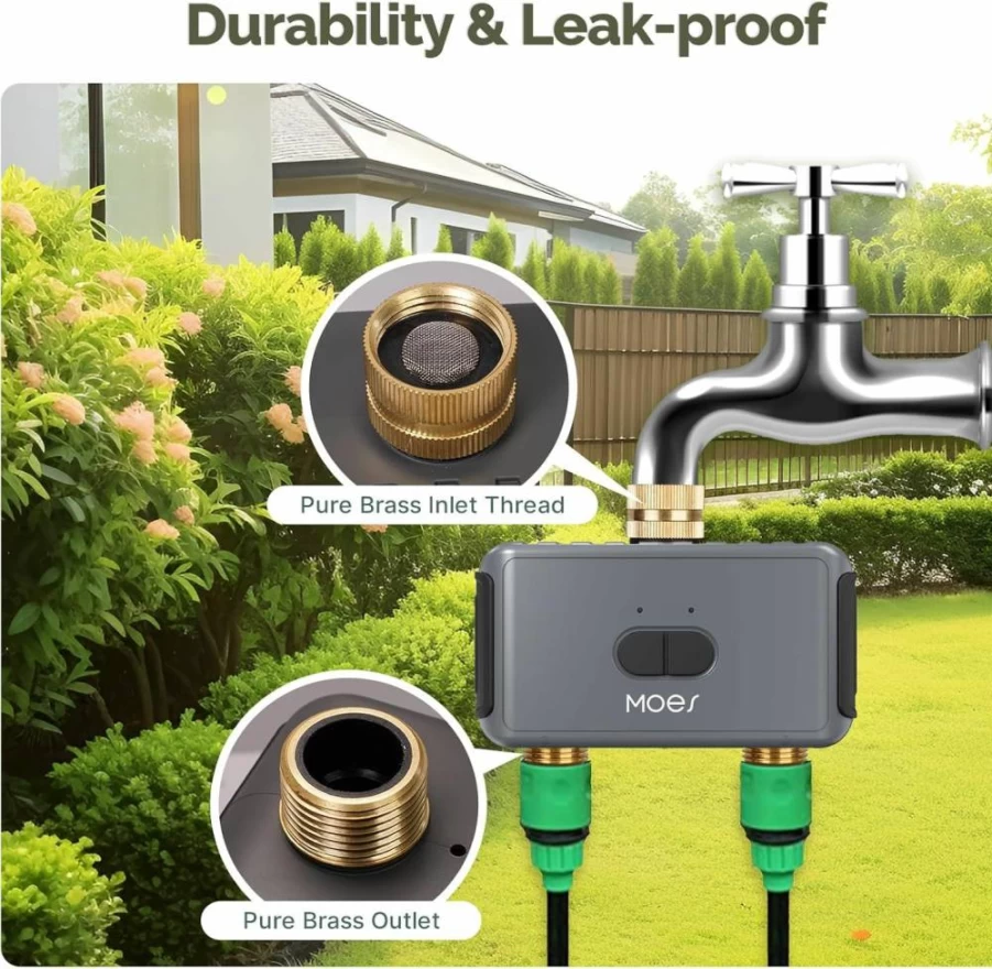 MOES Smart WiFi Sprinkler Timer 2-Zone, Brass Hose Faucet Water Timer, Programmable Garden Irrigation System, Alexa-Compatible Lawn Watering Controller for Yard