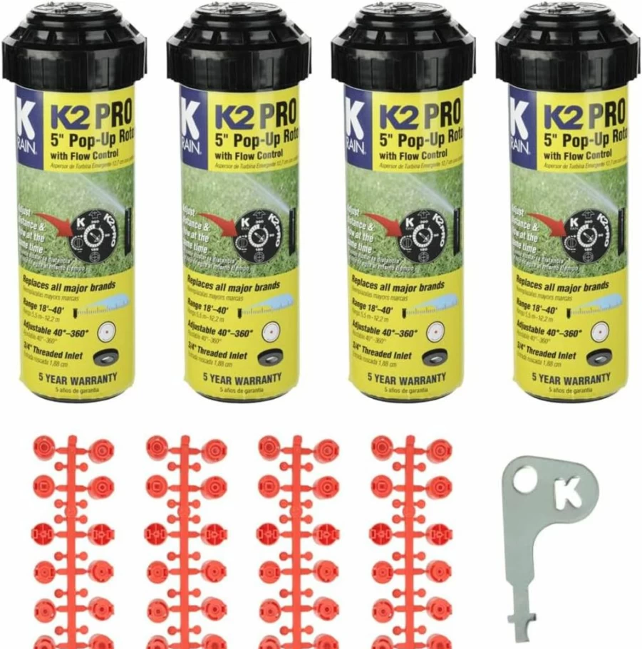 K-Rain K2 Pro Gear Drive Rotor Sprinkler 4-Pack | 3/4" Inlet, 5" Pop-Up, 18'-40' Spray, 40°-360° Adjustable Arc, Full-Circle Rotation, Includes Installation Kit