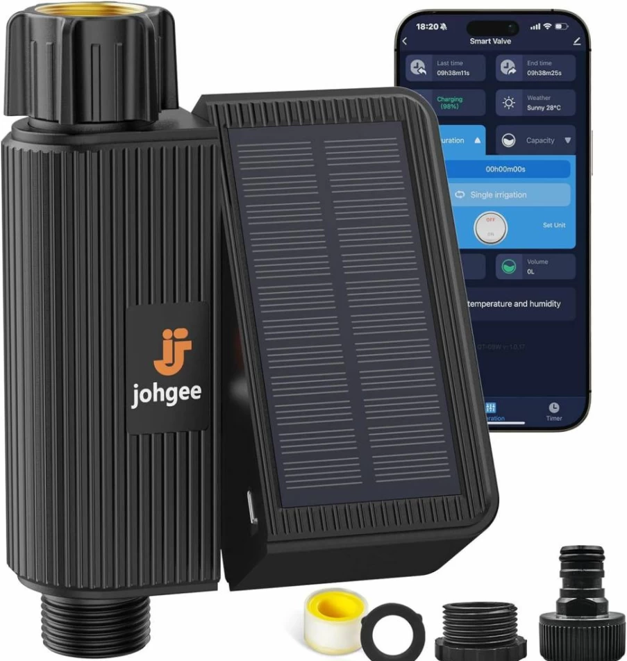 Johgee Solar-Powered Smart WiFi Sprinkler Timer with Rain Delay - Alexa & Smart Life App Compatible Automatic Garden Hose Water Timer for Lawn Yard Irrigation