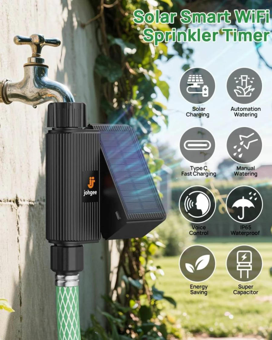 Johgee Solar-Powered Smart WiFi Sprinkler Timer with Rain Delay - Alexa & Smart Life App Compatible Automatic Garden Hose Water Timer for Lawn Yard Irrigation