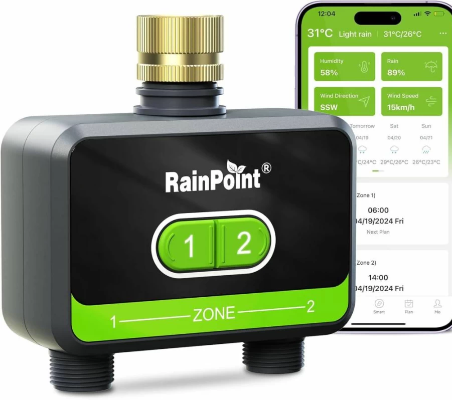 RAINPOINT Smart Bluetooth Hose Timer 2-Outlet Wireless Sprinkler Controller with Rain Delay, Automatic Garden Irrigation System for Lawn Yard Watering