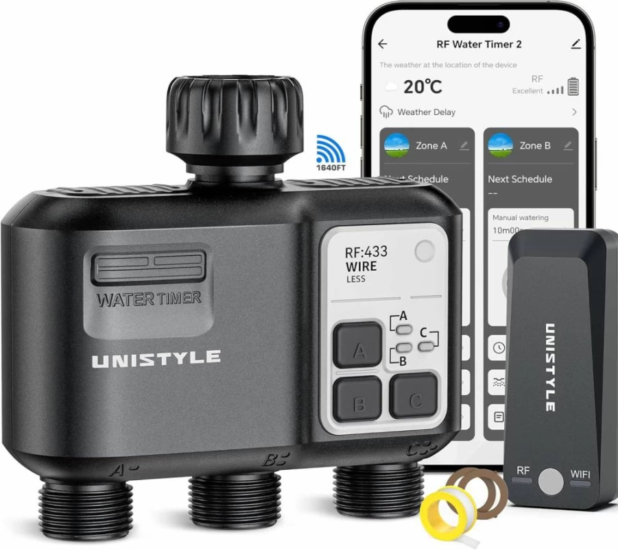 Unistyle Smart WiFi Sprinkler Timer 3-Zone, 1640Ft RF Wireless, Alexa & Google Home Compatible, Auto/Manual Modes for Garden Lawn Irrigation, Outdoor Water Timer (2026 Model)