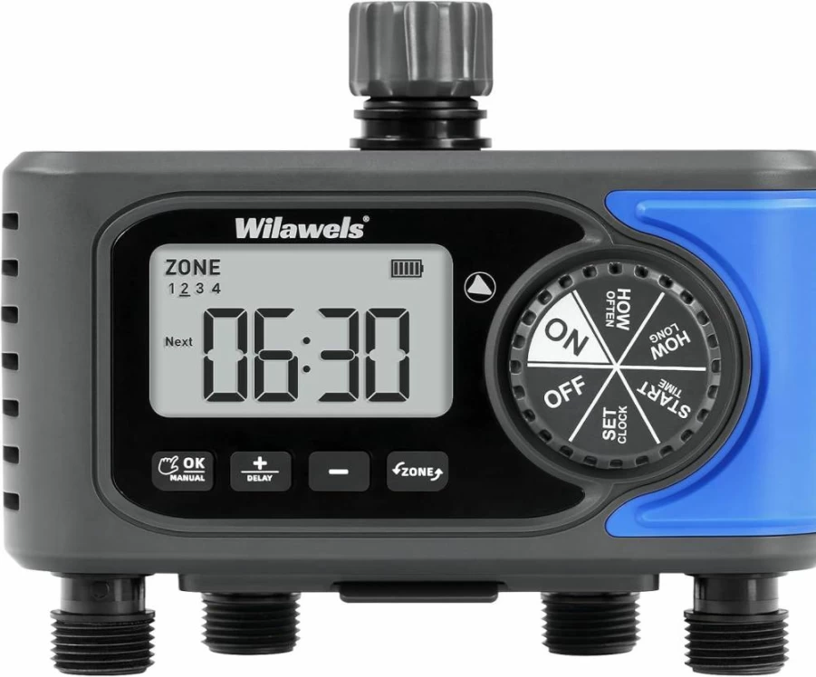 WILAWELS 4-Zone Smart Sprinkler Timer with Rain Delay, 4-Outlet Digital Hose Faucet Timer for Lawn, Garden & Drip Irrigation, Automatic Watering System with Manual Control