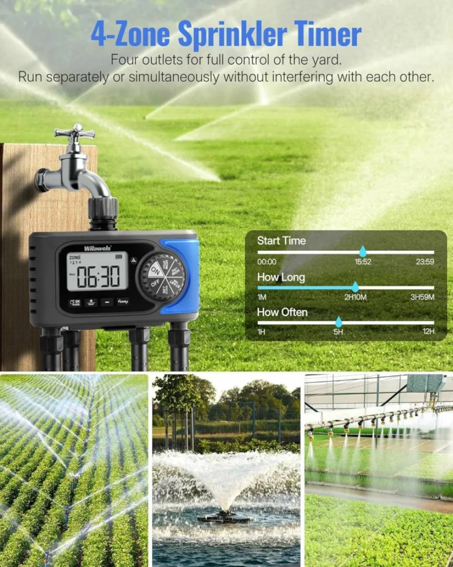 WILAWELS 4-Zone Smart Sprinkler Timer with Rain Delay, 4-Outlet Digital Hose Faucet Timer for Lawn, Garden & Drip Irrigation, Automatic Watering System with Manual Control