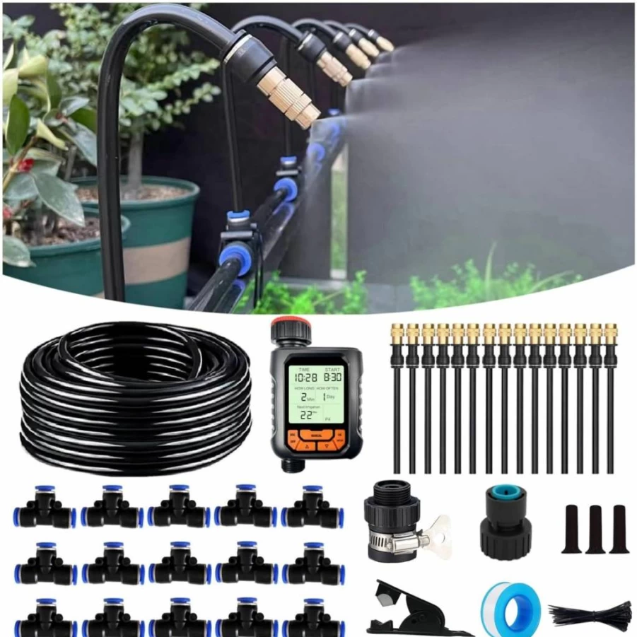 WCBMIRRI Automatic Drip Irrigation Kit with Timer, 360° Adjustable Copper Nozzle, Quick Connect Watering System for Garden, Lawn, and Plants