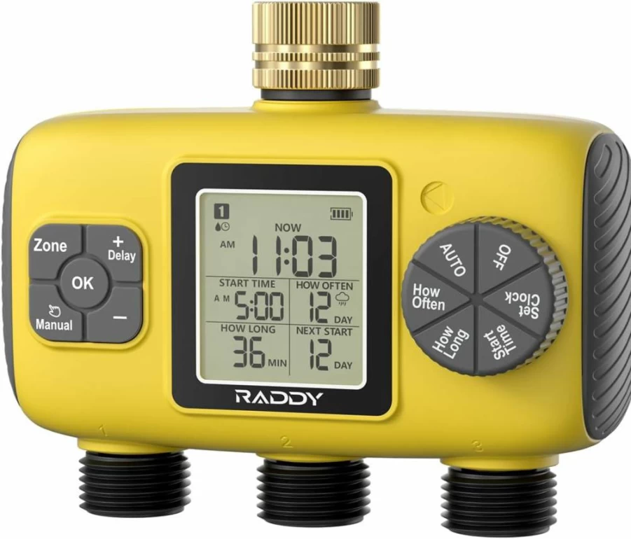 Raddy WS-8 Smart Sprinkler Timer 3-Zone, IPX5 Waterproof Irrigation System with Auto Scheduling, Manual Watering, Rain Delay & LCD Display for Garden, Lawn, Yard