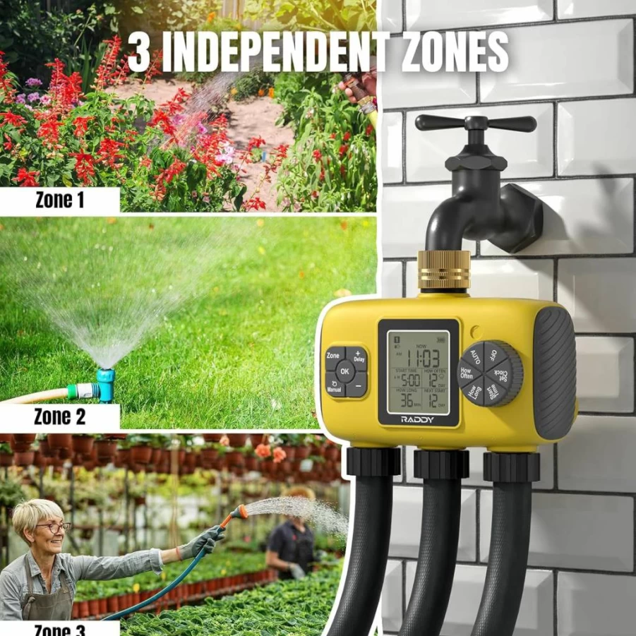 Raddy WS-8 Smart Sprinkler Timer 3-Zone, IPX5 Waterproof Irrigation System with Auto Scheduling, Manual Watering, Rain Delay & LCD Display for Garden, Lawn, Yard