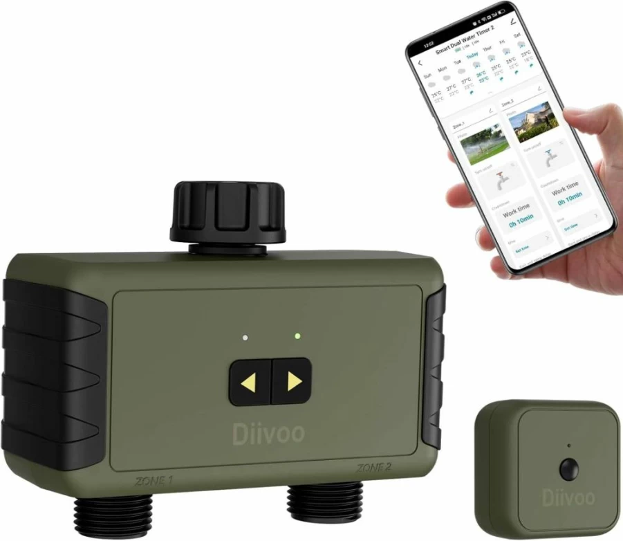 Diivoo Smart WiFi Water Timer for Garden, 4-Outlet Sprinkler & Hose Controller with Alexa Compatibility, 24 Irrigation Plans, Rain Delay, 2 Watering Modes for Lawn & Yard