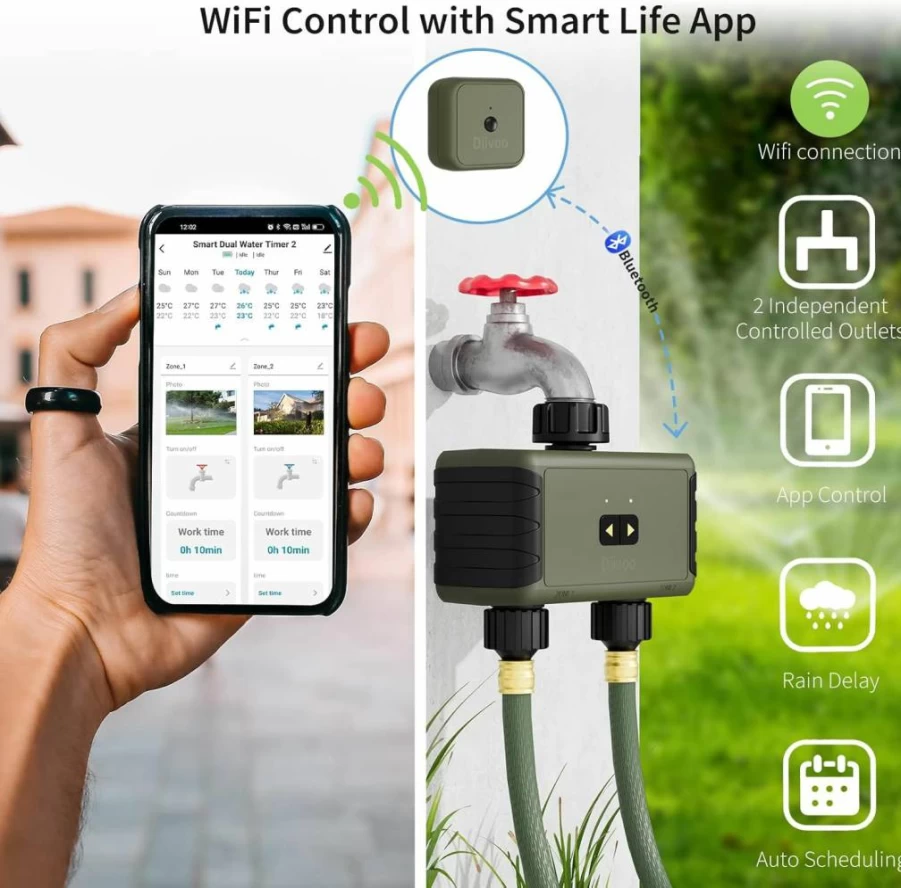 Diivoo Smart WiFi Water Timer for Garden, 4-Outlet Sprinkler & Hose Controller with Alexa Compatibility, 24 Irrigation Plans, Rain Delay, 2 Watering Modes for Lawn & Yard