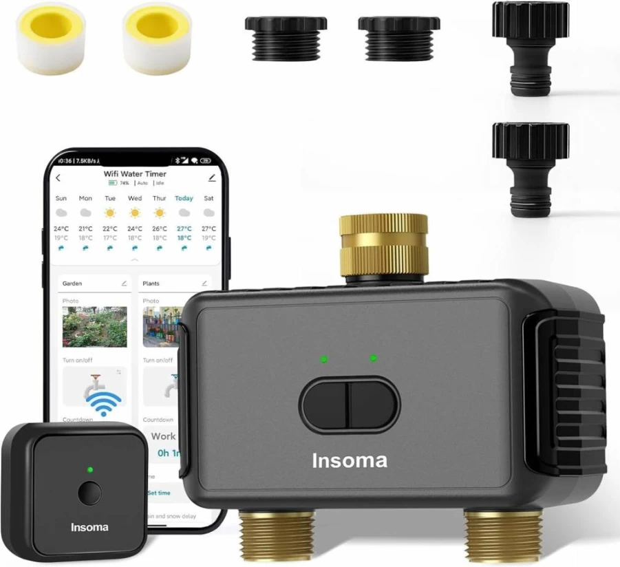 Insoma Smart WiFi Water Hose Timer 2-Outlet, Alexa-Compatible Sprinkler Timer for Lawn & Yard, Automatic Irrigation Controller with Brass Inlets (Dark Gray)