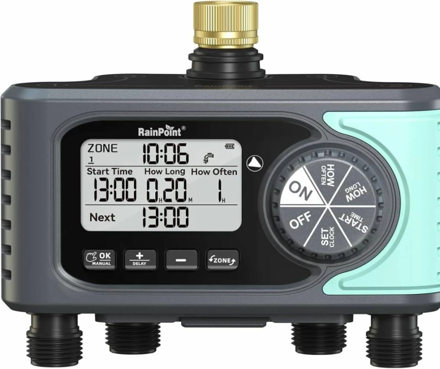 RAINPOINT Digital Hose Timer 4 Zone Sprinkler Controller with Rain Delay, Manual & Automatic Modes, Brass Inlet, Programmable Water Timer for Lawn and Yard Irrigation