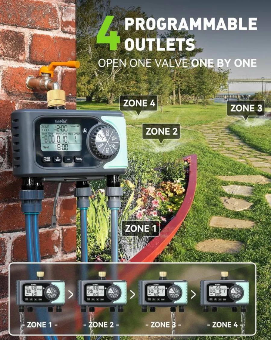 RAINPOINT Digital Hose Timer 4 Zone Sprinkler Controller with Rain Delay, Manual & Automatic Modes, Brass Inlet, Programmable Water Timer for Lawn and Yard Irrigation
